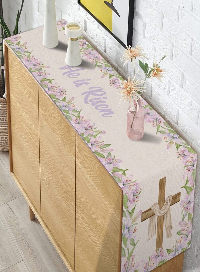 Pudodo He is Risen Table Runner Easter Christian Cross Resurrection Lily Flower Spring Holiday Party Kitchen Dining Home Decor - Image 4